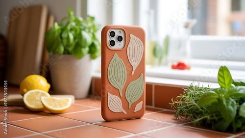 A phone case with a leaf design on a kitchen counter