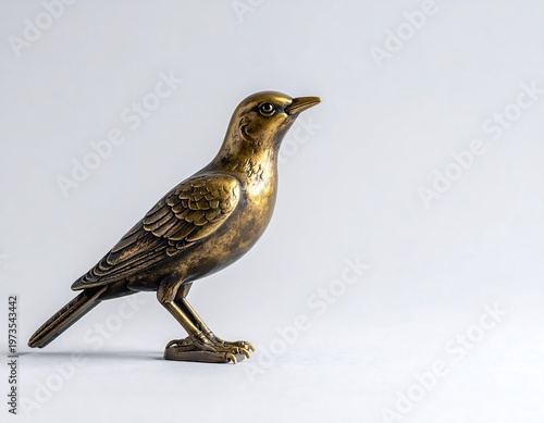 A metallic-looking bird statue stands on a white surface, its head turned upwards, appearing to be in a curious or watchful pose. The sculpture has detailed feathers and is golden-bronze