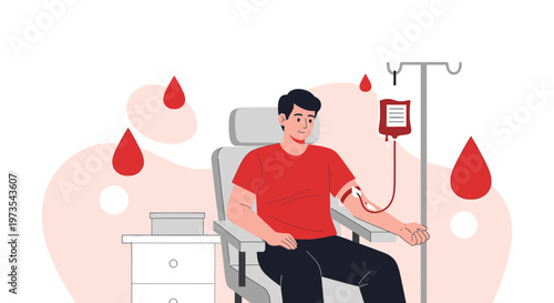 Man donating blood sitting in a chair, medical procedure, healthcare concept