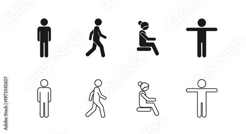 Simple black stick figures depicting various human poses and orientations