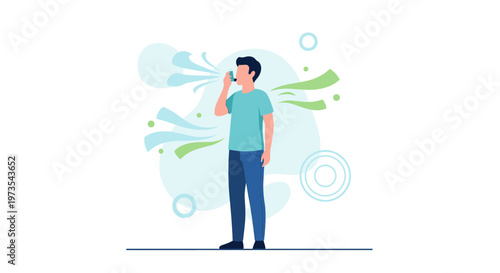 Man using inhaler for asthma relief with blue and green abstract spray effects