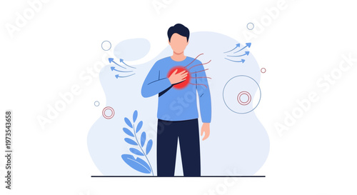 Man with chest pain, heart ache, breathing difficulty, medical condition concept illustration