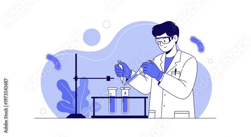 Scientist conducting experiment with test tubes and microscope, studying bacteria in laboratory