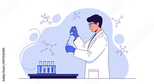Scientist conducting experiment with pipette and test tubes in laboratory, molecular structures background