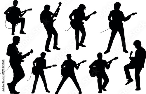Set of guitarist silhouettes playing electric guitar in dynamic poses isolated on white background rock music performance vector illustration
