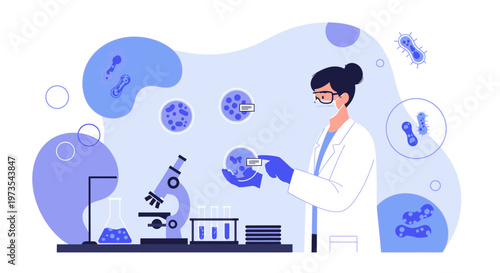 Scientist examining petri dish with bacteria culture under microscope in laboratory
