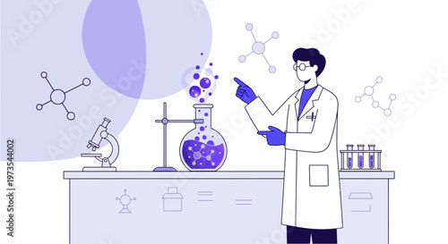 Scientist in lab coat conducts experiment with bubbling flask and microscope, molecular structures