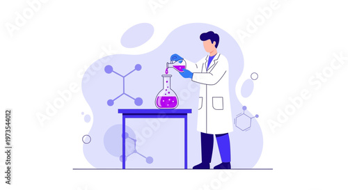 Scientist in lab coat conducts experiment with purple liquid in flask, chemistry research concept