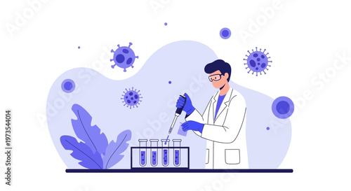 Scientist in lab coat with pipette working with test tubes, virus particles in background
