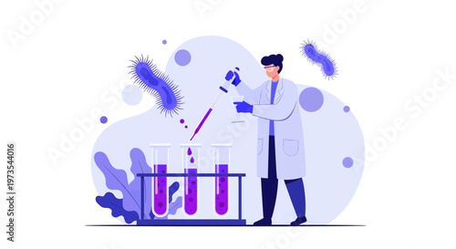 Scientist in lab coat conducts experiment with test tubes and bacteria, research concept