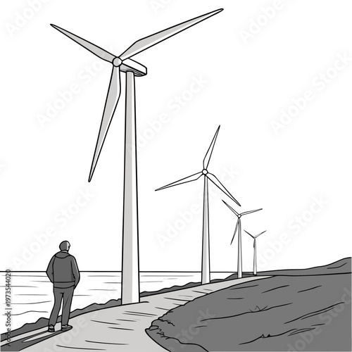 Man looking at wind turbines in grayscale standing