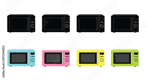 A collection of colorful microwave ovens presented in a grid layout