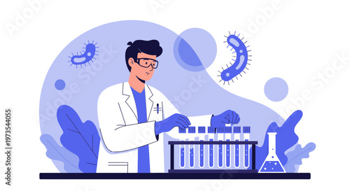 Scientist in Lab Coat Working with Test Tubes and Microbes, Science Research Concept