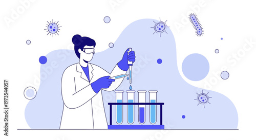 Scientist in lab coat working with test tubes and microscope, studying viruses and bacteria