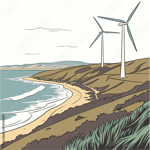 Of wind turbines on a coastline beach ocean waves