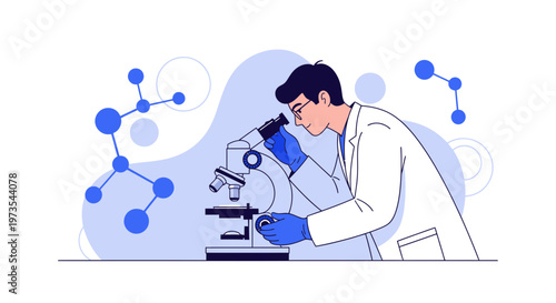 Scientist looking through microscope with molecular structures in background, science research concept
