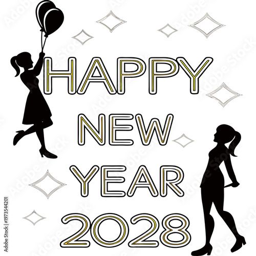 Happy New Year 2028 with Silhouette of Girl Holding Balloons
