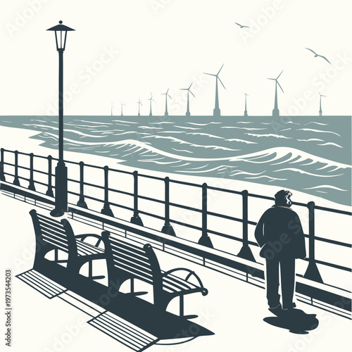 Person looking out at wind turbines from a pier waves