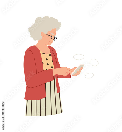 The elderly woman is using her mobile phone.