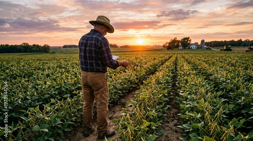 Farmer and Field: An agricultural expert surveys a vibrant crop field under the warm glow of the setting sun, embodying hard work and dedication.