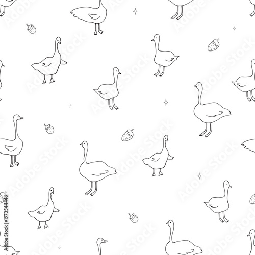 Hand drawn seamless pattern featuring various geese in different poses. The design is simple and monochromatic, set against a white background.