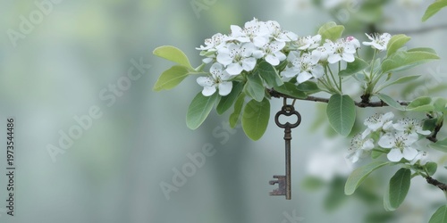 an old key hanging from the branch of a pear tree in bloom, growth and new beginnings. the white blossoms contrast with the green leaves