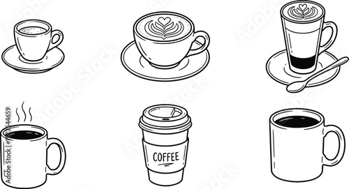 A collection of six hand drawn coffee and tea beverages in varying styles including cups mugs and to go containers