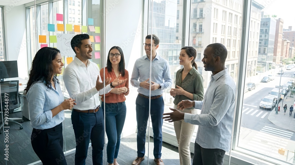 Obraz premium Diverse professionals engage in a lively discussion within a bright modern office space overlooking a city street