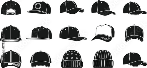 Collection of fifteen vector hat silhouettes including baseball caps, trucker caps, fitted caps, beanies, and fashion headwear variations
