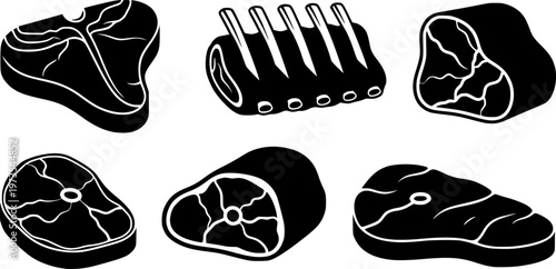 Meat steaks silhouette icons isolated on white background, Vector