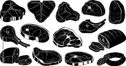 Meat steaks silhouette icons isolated on white background, Vector