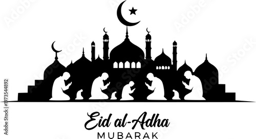 Eid-al Adha Celebration Silhouette with Mosque and muslim people and sheep