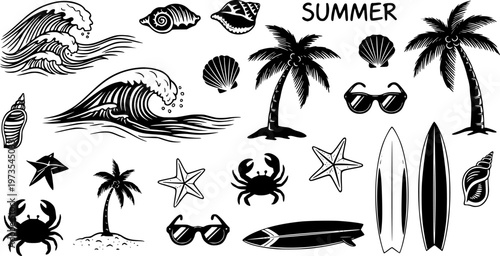 Hand-drawn beach-themed vector set with summer doodles like waves, palm trees, shells, crabs, sunglasses, and surfboards. Perfect for vacation designs, t-shirt prints, and tropical projects.
