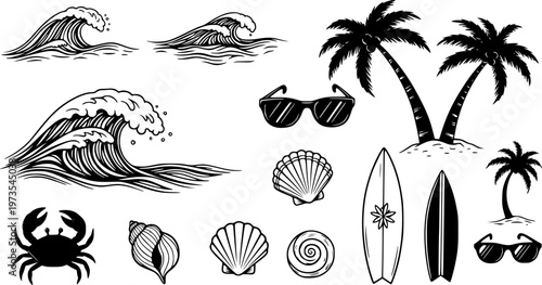 Hand-drawn beach-themed vector set with summer doodles like waves, palm trees, shells, crabs, sunglasses, and surfboards. Perfect for vacation designs, t-shirt prints, and tropical projects.