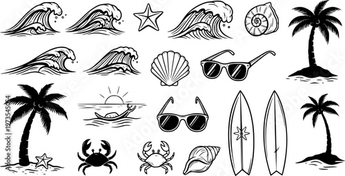 Hand-drawn beach-themed vector set with summer doodles like waves, palm trees, shells, crabs, sunglasses, and surfboards. Perfect for vacation designs, t-shirt prints, and tropical projects.