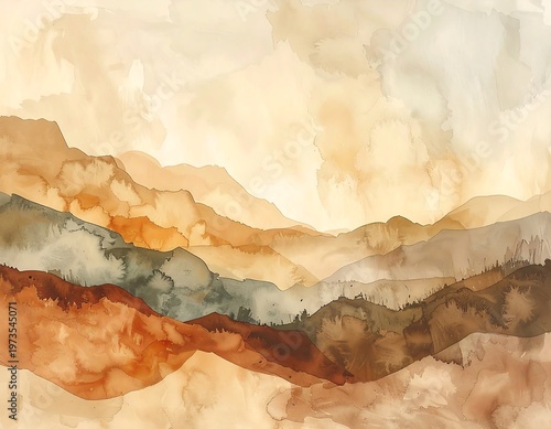 A watercolor painting depicting a mountain range with layered peaks of varying shades. The sky is light, with a soft, textured appearance