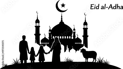 Eid-al Adha Celebration Silhouette with Mosque and muslim people and sheep