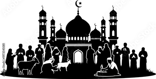 Eid-al Adha Celebration Silhouette with Mosque and muslim people and sheep