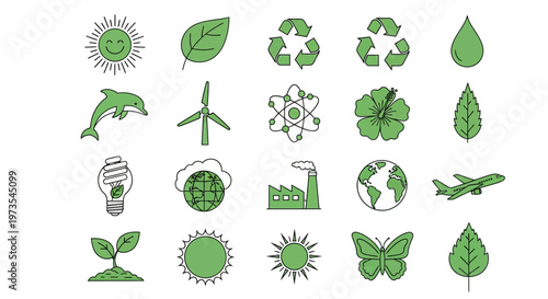 Green Ecology and Sustainability Icon Set - Environment, Renewable Energy, and Nature Conservation Vector Symbols