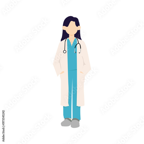 Dedicated Female Doctor Character Wearing Lab Coat and Stethoscope, Representing Healthcare Professional and Medical Expertise