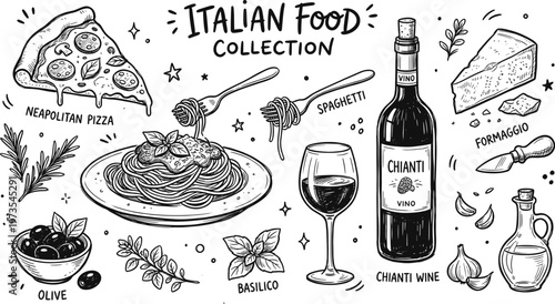 Hand drawn italian food collection pizza pasta wine and cheese a culinary sketchbook delight