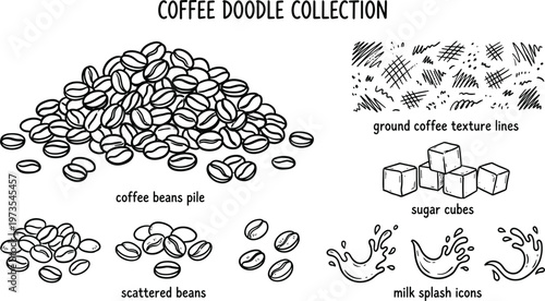 Coffee bean collection a hand drawn doodle set featuring piles scattered beans and coffee related elements