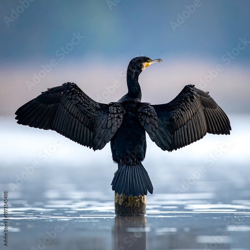 A sleek black bird, perched on a wooden post, extends its wings wide with a calm water background, showing its feathery detail