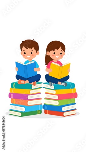 Two cartoon children sit atop stacked colorful books, engrossed in reading. The illustration is bright and cheerful