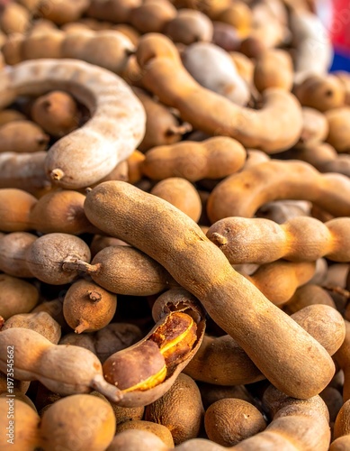 A close-up view of a large pile of brown, elongated pods, some partially opened, revealing a soft, golden interior