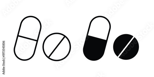 Painkiller icon symbol. Icon in flat style and line. Black and white