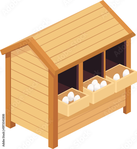 Wooden chicken coop with nest boxes filled with eggs. Clean flat vector illustration isolated on light background.