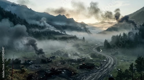 A battlefield is visible in a valley with smoke rising from damaged tanks as dawn breaks