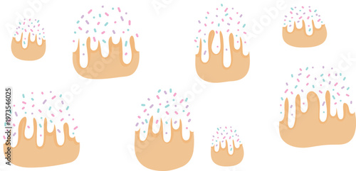 Cute easter cake set isolated with icing and sprinkles, flat hand drawn illustration collection. Flat hand drawn illustration set of traditional easter cakes with white icing and colorful sprinkles. 