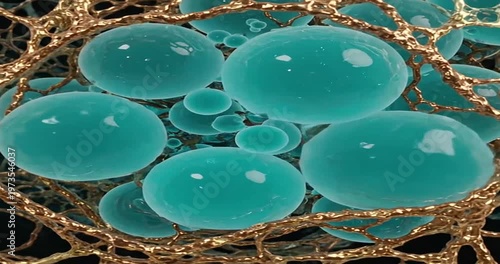 Teal Bubbles in Gold Network Structure.
